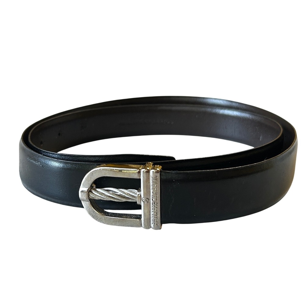 Philippe Charriol Leather Belt 46/117 Black Silver Twisted Cable Buckle